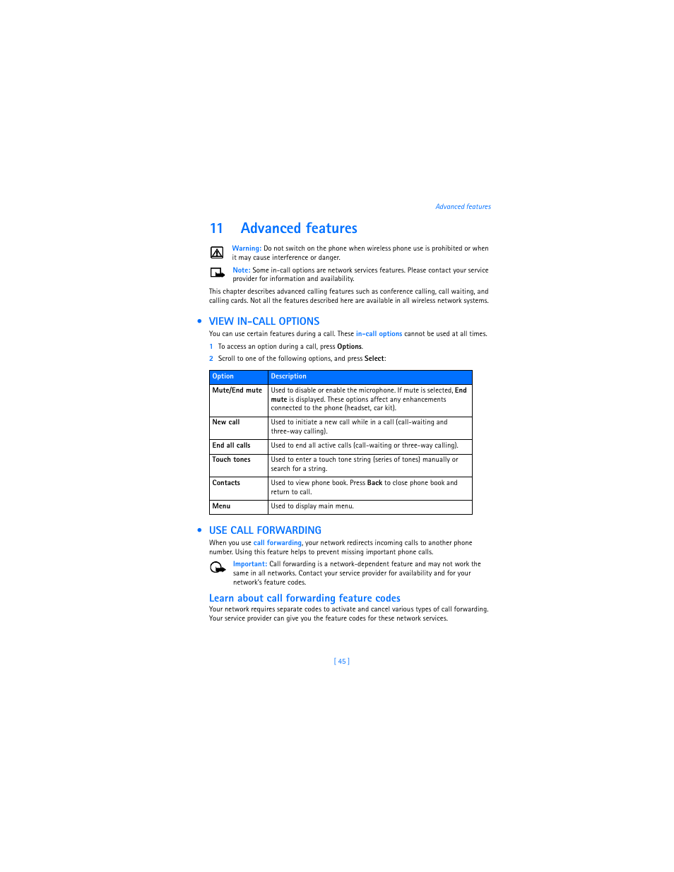 11 advanced features, View in-call options, Use call forwarding | Advanced features, View in-call options use call forwarding, Learn about call forwarding feature codes | Nokia 3589i User Manual | Page 49 / 104
