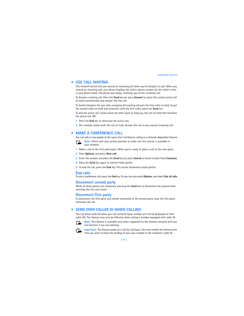 Use call waiting, Make a conference call, Send own caller id when calling | End calls, Disconnect second party, Disconnect first party | Nokia 3589i User Manual | Page 51 / 104