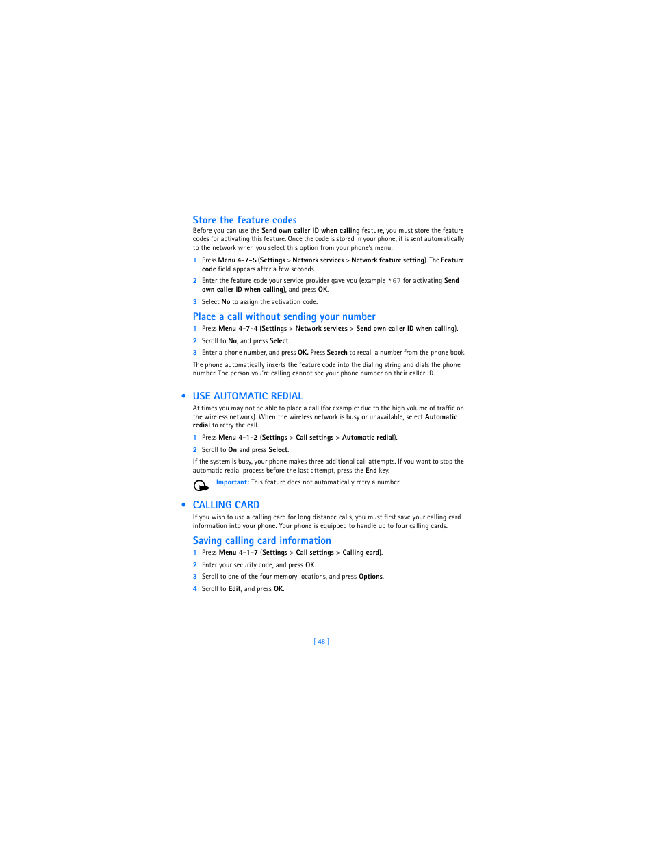 Use automatic redial, Calling card, Use automatic redial calling card | Store the feature codes, Place a call without sending your number, Saving calling card information | Nokia 3589i User Manual | Page 52 / 104
