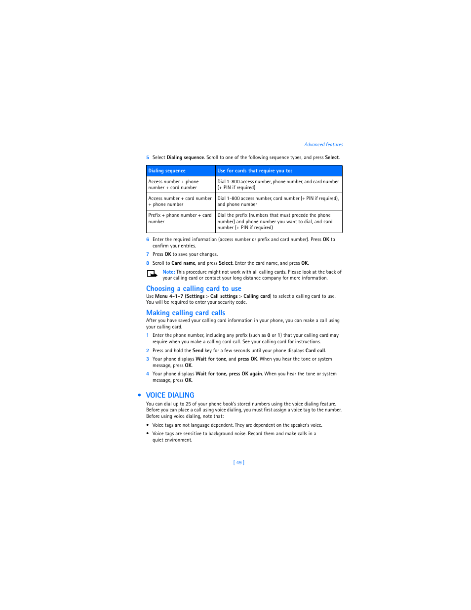 Voice dialing, Choosing a calling card to use, Making calling card calls | Nokia 3589i User Manual | Page 53 / 104