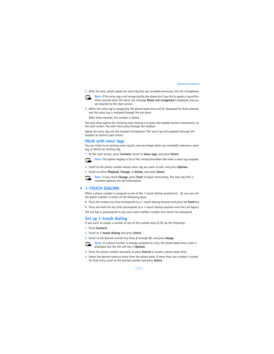 Touch dialing, Work with voice tags, Set up 1-touch dialing | Nokia 3589i User Manual | Page 55 / 104