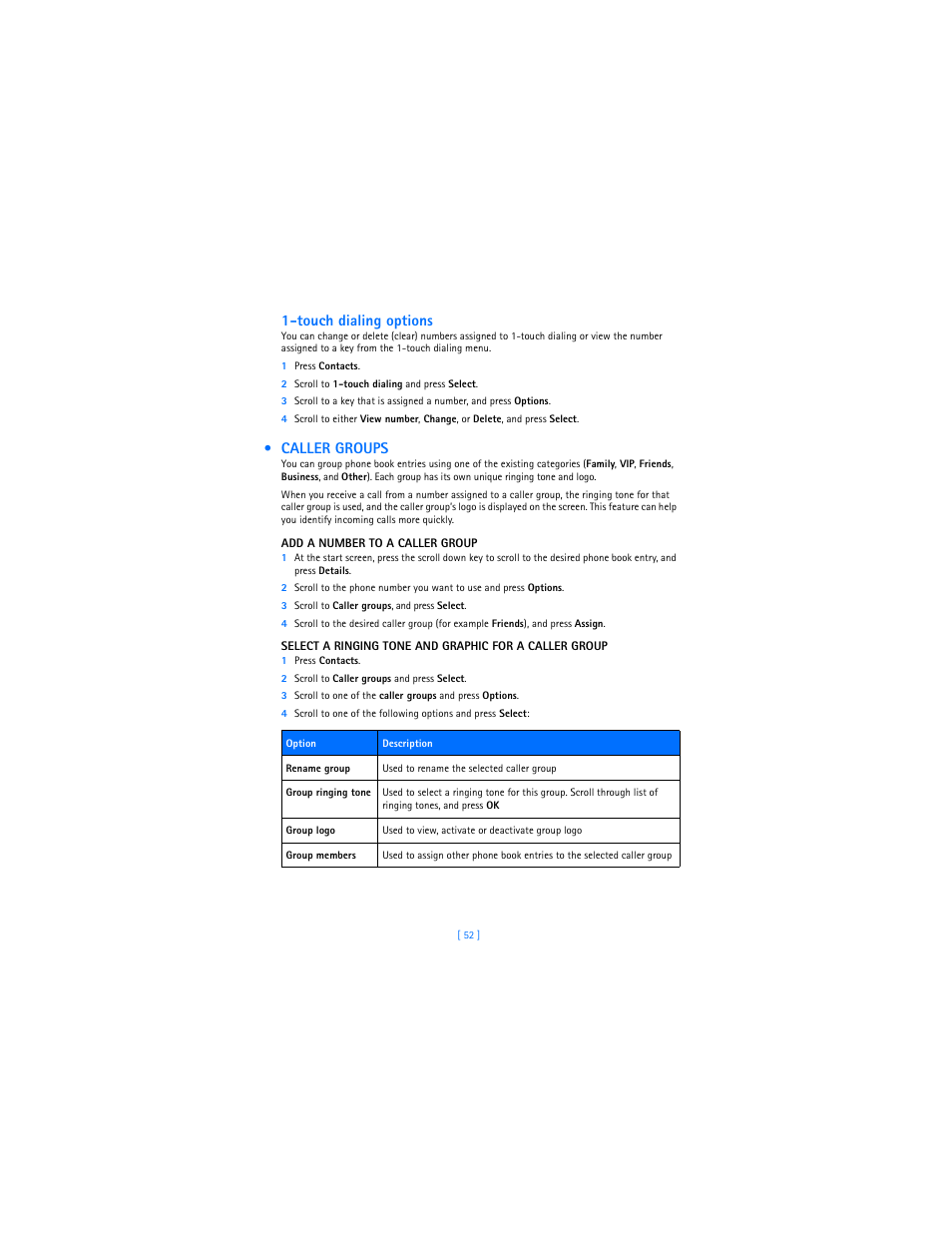 Caller groups, Touch dialing options | Nokia 3589i User Manual | Page 56 / 104