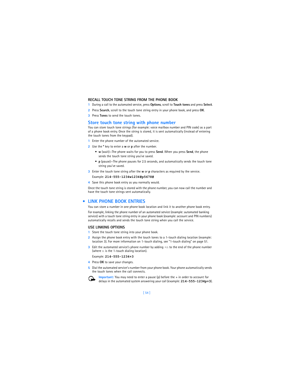 Link phone book entries, Store touch tone string with phone number | Nokia 3589i User Manual | Page 58 / 104