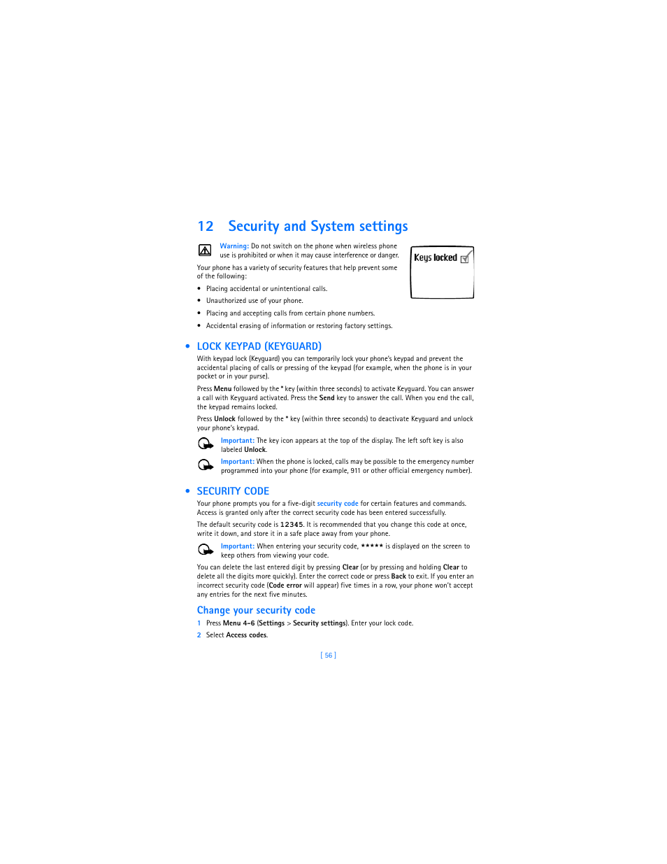 12 security and system settings, Lock keypad (keyguard), Security code | Security and system settings, Lock keypad (keyguard) security code, Change your security code | Nokia 3589i User Manual | Page 60 / 104
