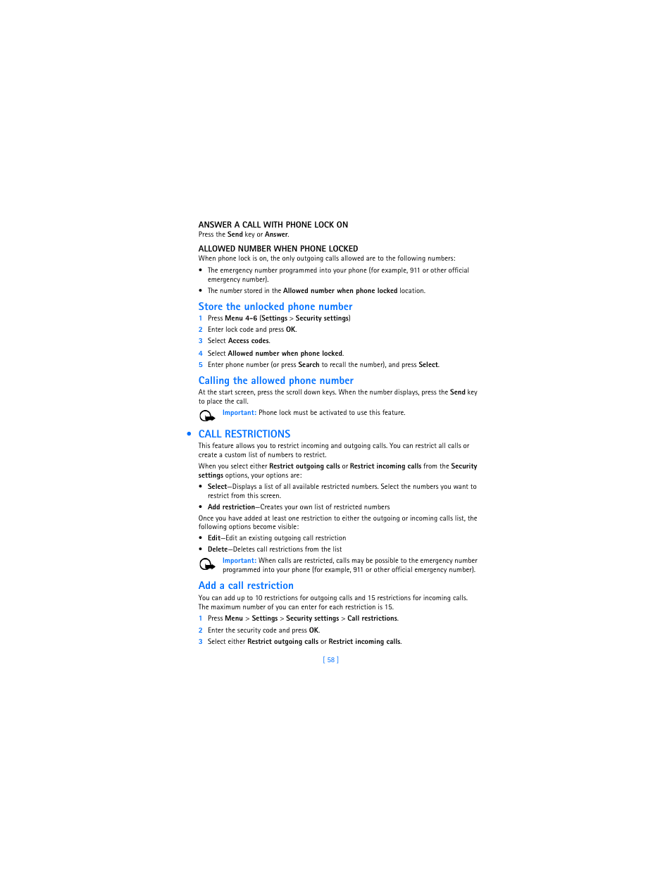 Call restrictions, Store the unlocked phone number, Calling the allowed phone number | Add a call restriction | Nokia 3589i User Manual | Page 62 / 104