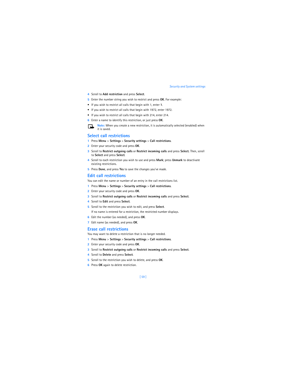 Select call restrictions, Edit call restrictions, Erase call restrictions | Nokia 3589i User Manual | Page 63 / 104