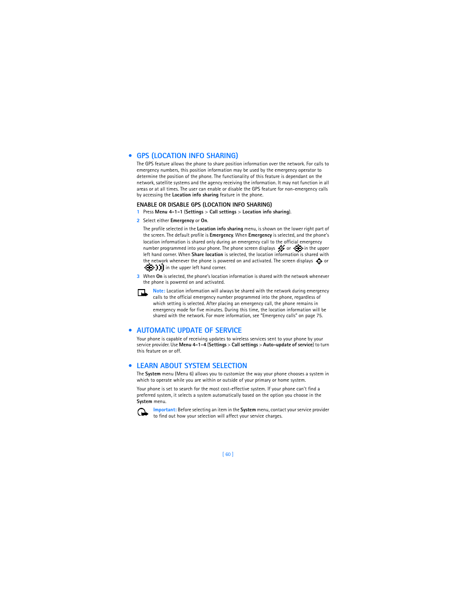 Gps (location info sharing), Automatic update of service, Learn about system selection | Nokia 3589i User Manual | Page 64 / 104