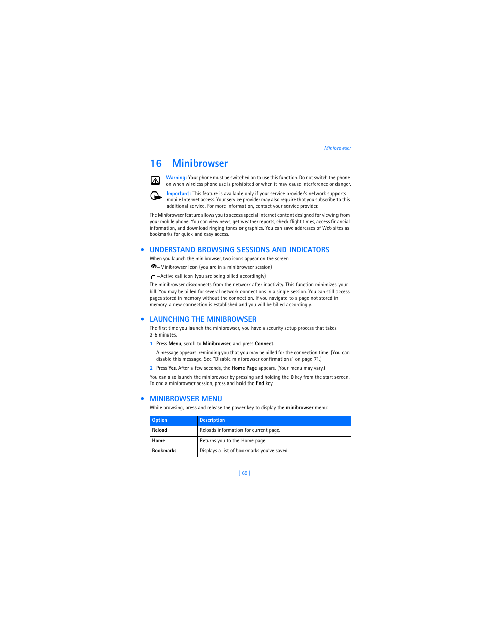 16 minibrowser, Understand browsing sessions and indicators, Launching the minibrowser | Minibrowser menu, Minibrowser, Understand browsing sessions and, Indicators, Launching the minibrowser minibrowser menu | Nokia 3589i User Manual | Page 73 / 104