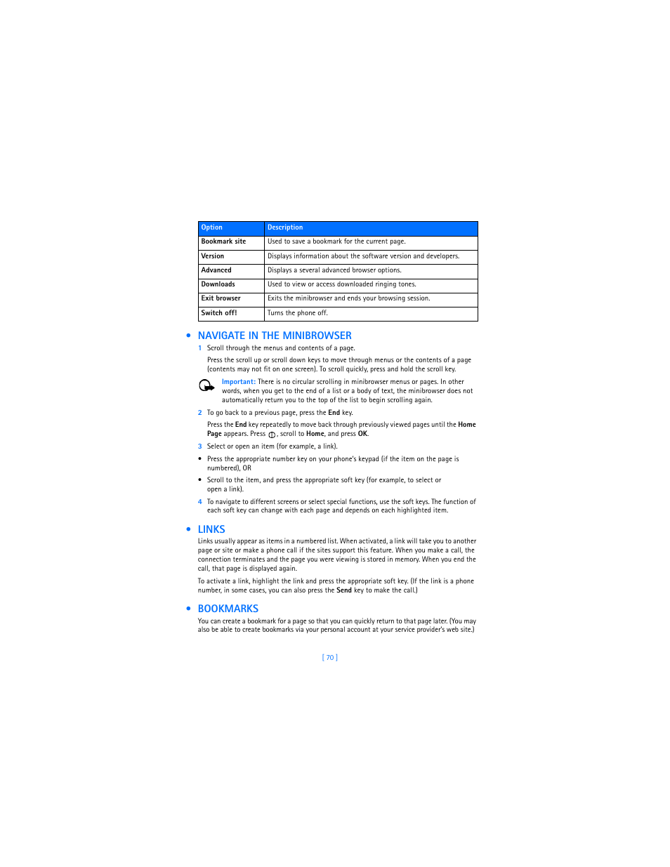 Navigate in the minibrowser, Links, Bookmarks | Navigate in the minibrowser links bookmarks | Nokia 3589i User Manual | Page 74 / 104