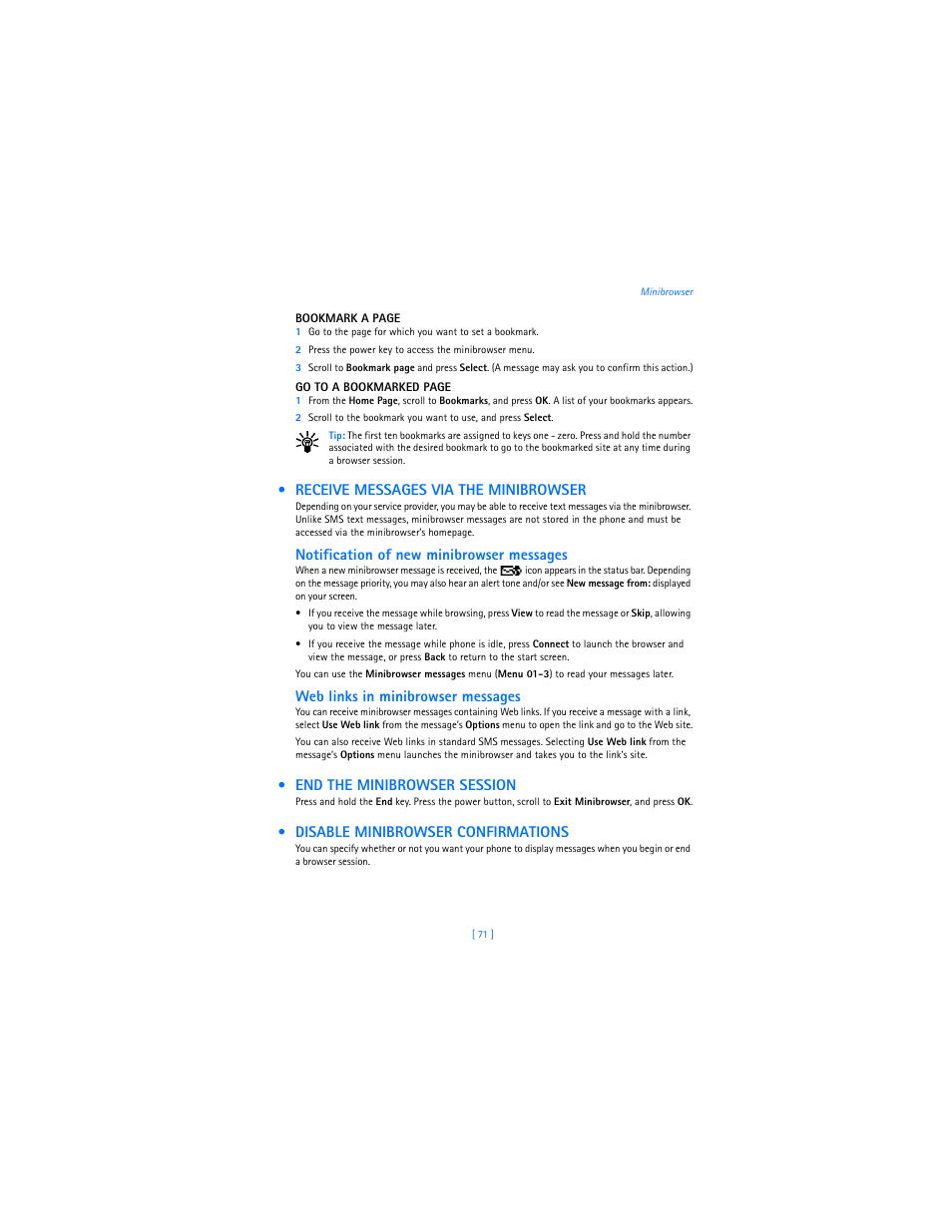 Receive messages via the minibrowser, End the minibrowser session, Disable minibrowser confirmations | Receive messages, Via the minibrowser, Notification of new minibrowser messages, Web links in minibrowser messages | Nokia 3589i User Manual | Page 75 / 104