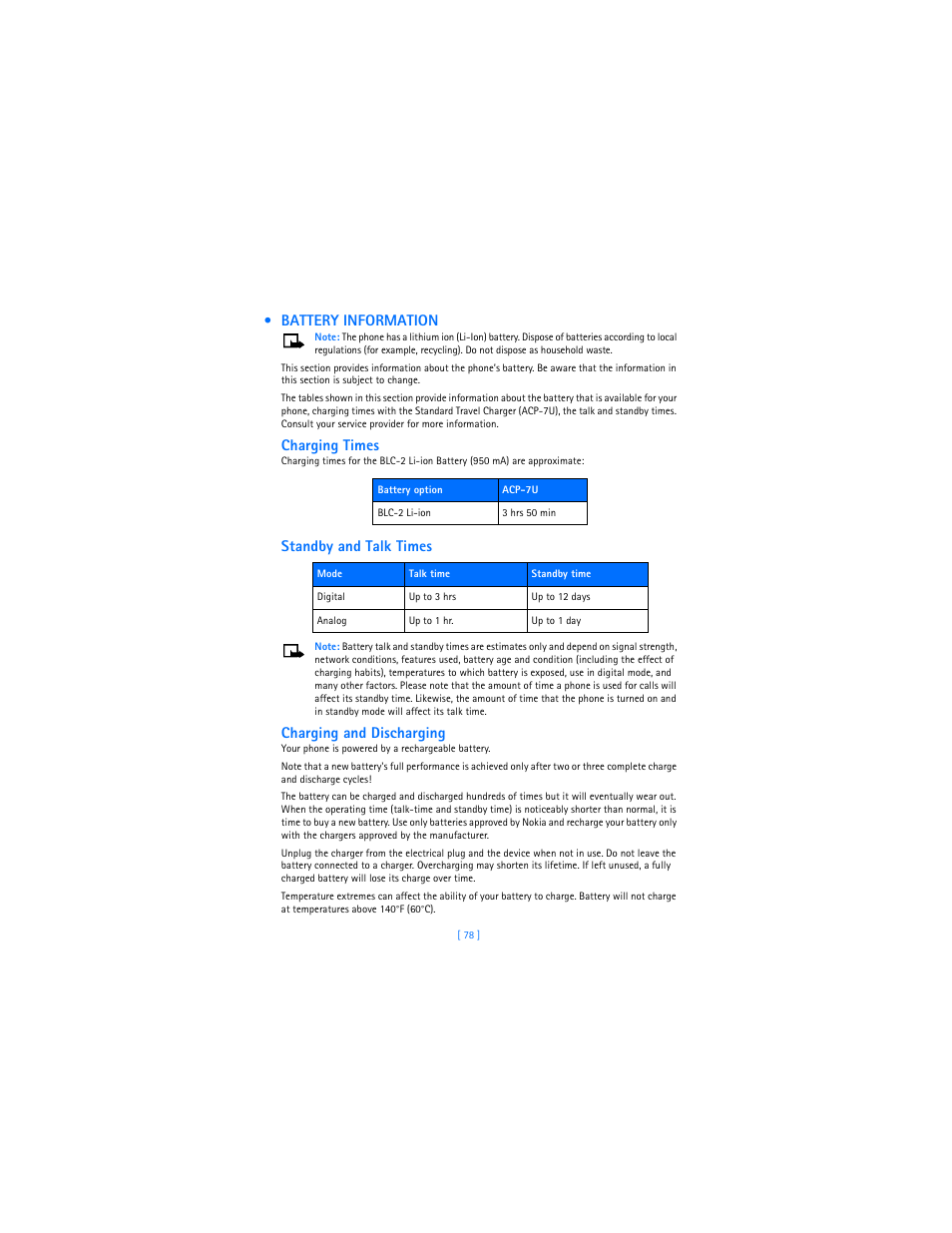 Battery information, Charging times, Standby and talk times | Charging and discharging | Nokia 3589i User Manual | Page 82 / 104