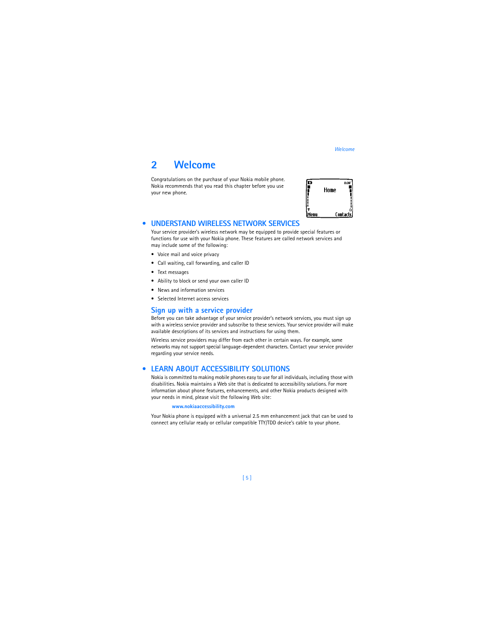 2 welcome, Understand wireless network services, Learn about accessibility solutions | Welcome, 2welcome, Sign up with a service provider | Nokia 3589i User Manual | Page 9 / 104