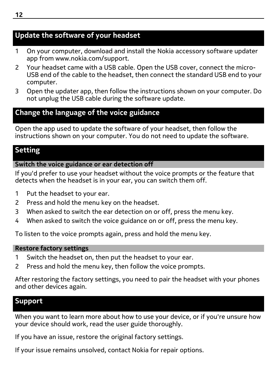 Update the software of your headset, Change the language of the voice guidance, Setting | Switch the voice guidance or ear detection off, Restore factory settings, Support, Update the software of your, Headset, Change the language of the voice, Guidance | Nokia Reaction BH-907 User Manual | Page 12 / 14