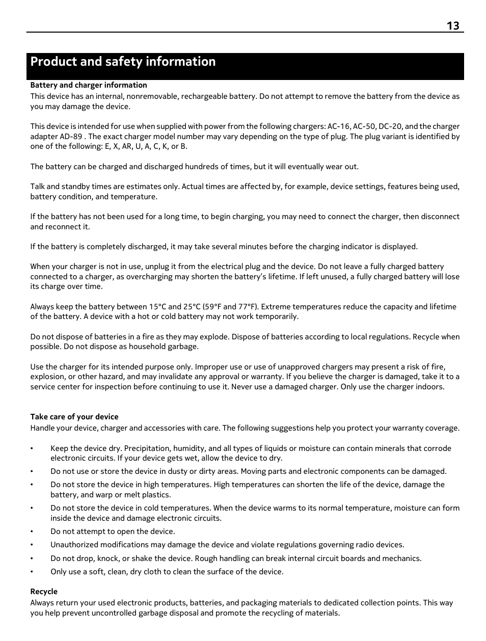 Product and safety information, Battery and charger information, Take care of your device | Recycle | Nokia Reaction BH-907 User Manual | Page 13 / 14