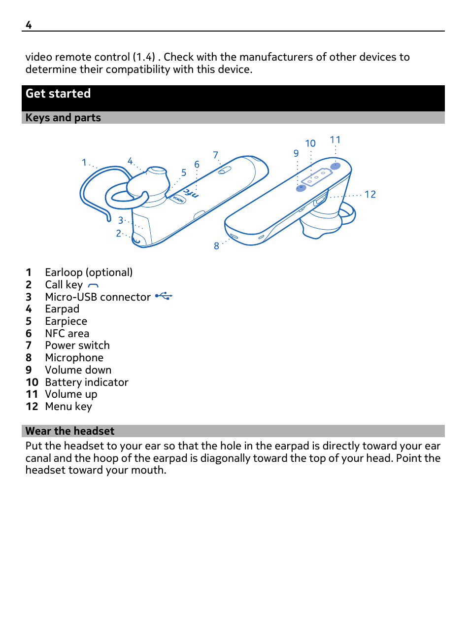 Get started, Keys and parts, Wear the headset | Nokia Reaction BH-907 User Manual | Page 4 / 14