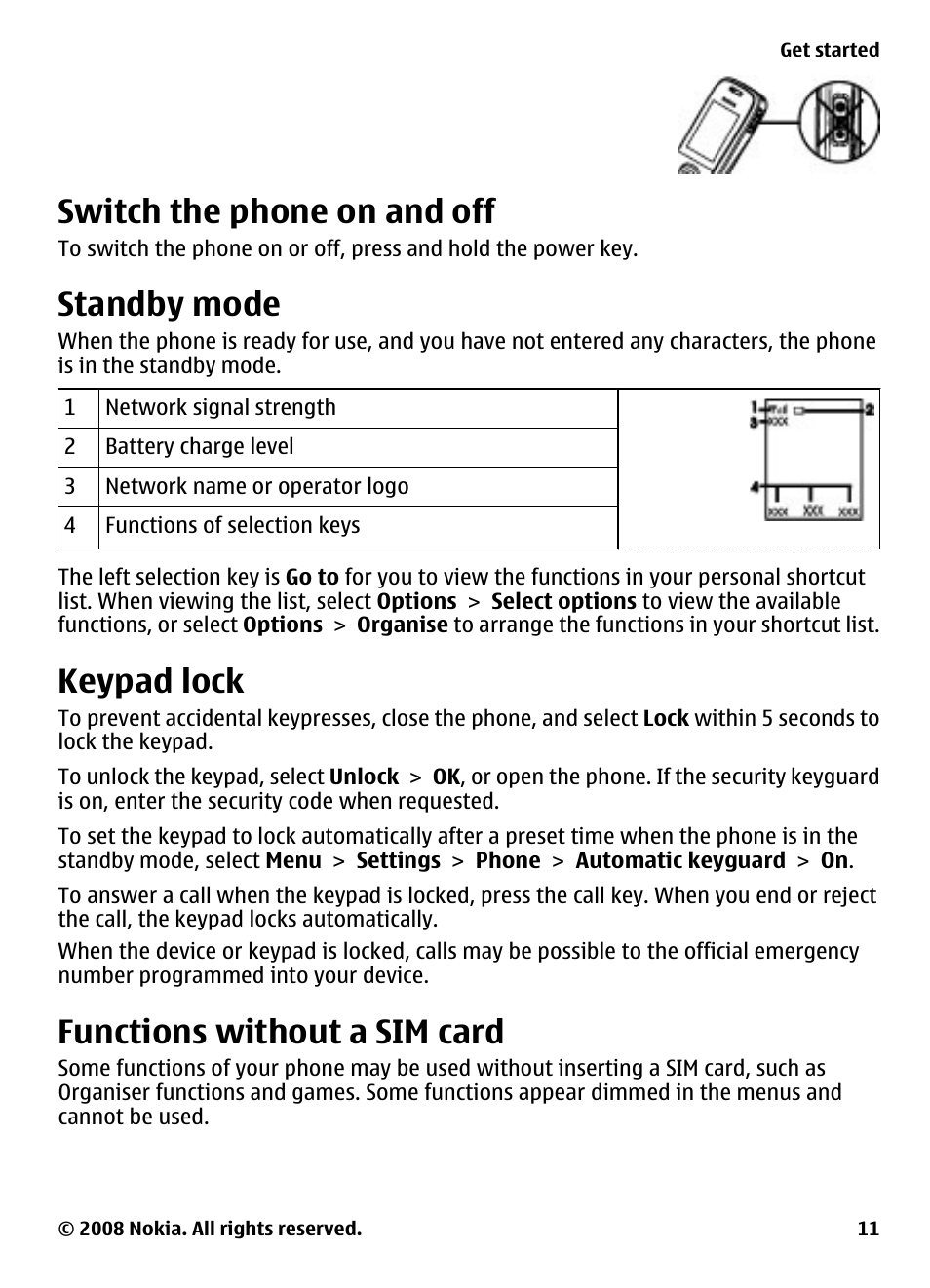 Switch the phone on and off, Standby mode, Keypad lock | Functions without a sim card | Nokia 2680 User Manual | Page 11 / 35