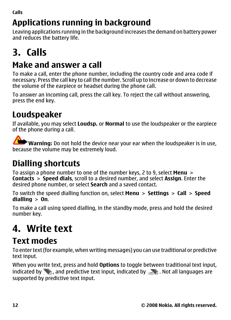 Applications running in background, Calls, Make and answer a call | Loudspeaker, Dialling shortcuts, Write text, Text modes, Applications running in, Background | Nokia 2680 User Manual | Page 12 / 35