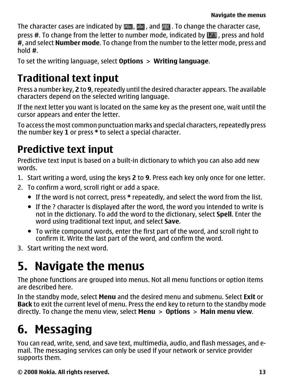 Traditional text input, Predictive text input, Navigate the menus | Messaging, Navigate the menus 6. messaging | Nokia 2680 User Manual | Page 13 / 35