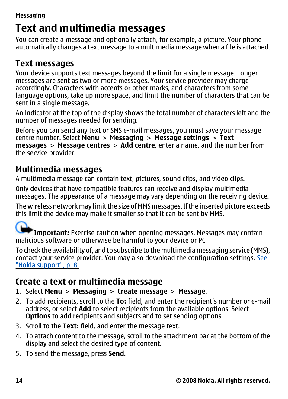Text and multimedia messages, Text messages, Multimedia messages | Create a text or multimedia message, Create a text or multimedia, Message | Nokia 2680 User Manual | Page 14 / 35
