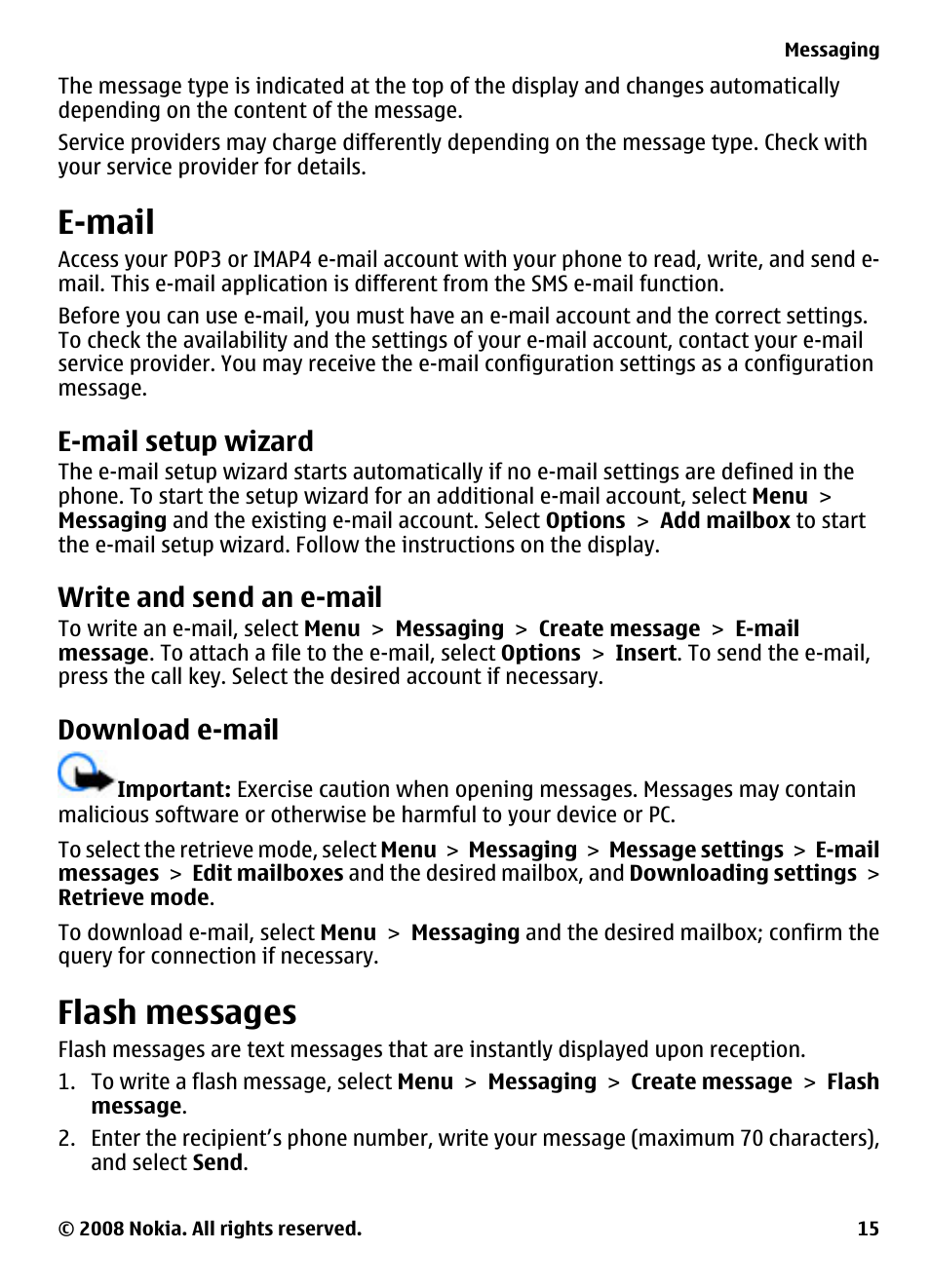 E-mail, E-mail setup wizard, Write and send an e-mail | Download e-mail, Flash messages | Nokia 2680 User Manual | Page 15 / 35