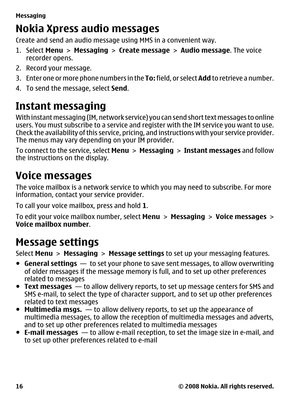 Nokia xpress audio messages, Instant messaging, Voice messages | Message settings | Nokia 2680 User Manual | Page 16 / 35