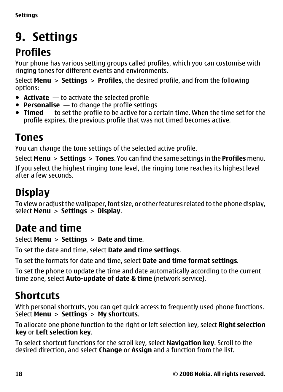 Settings, Profiles, Tones | Display, Date and time, Shortcuts | Nokia 2680 User Manual | Page 18 / 35