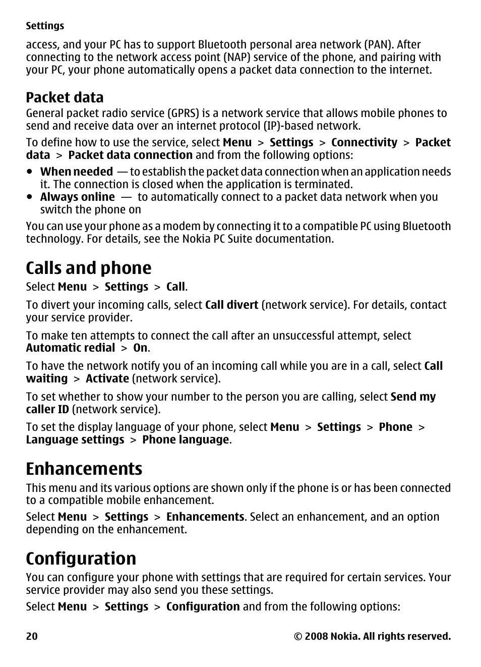 Packet data, Calls and phone, Enhancements | Configuration | Nokia 2680 User Manual | Page 20 / 35