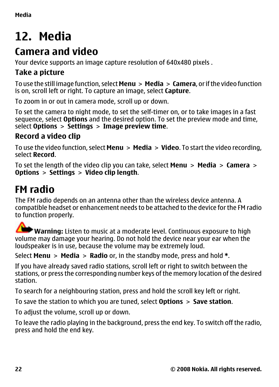 Media, Camera and video, Fm radio | Nokia 2680 User Manual | Page 22 / 35