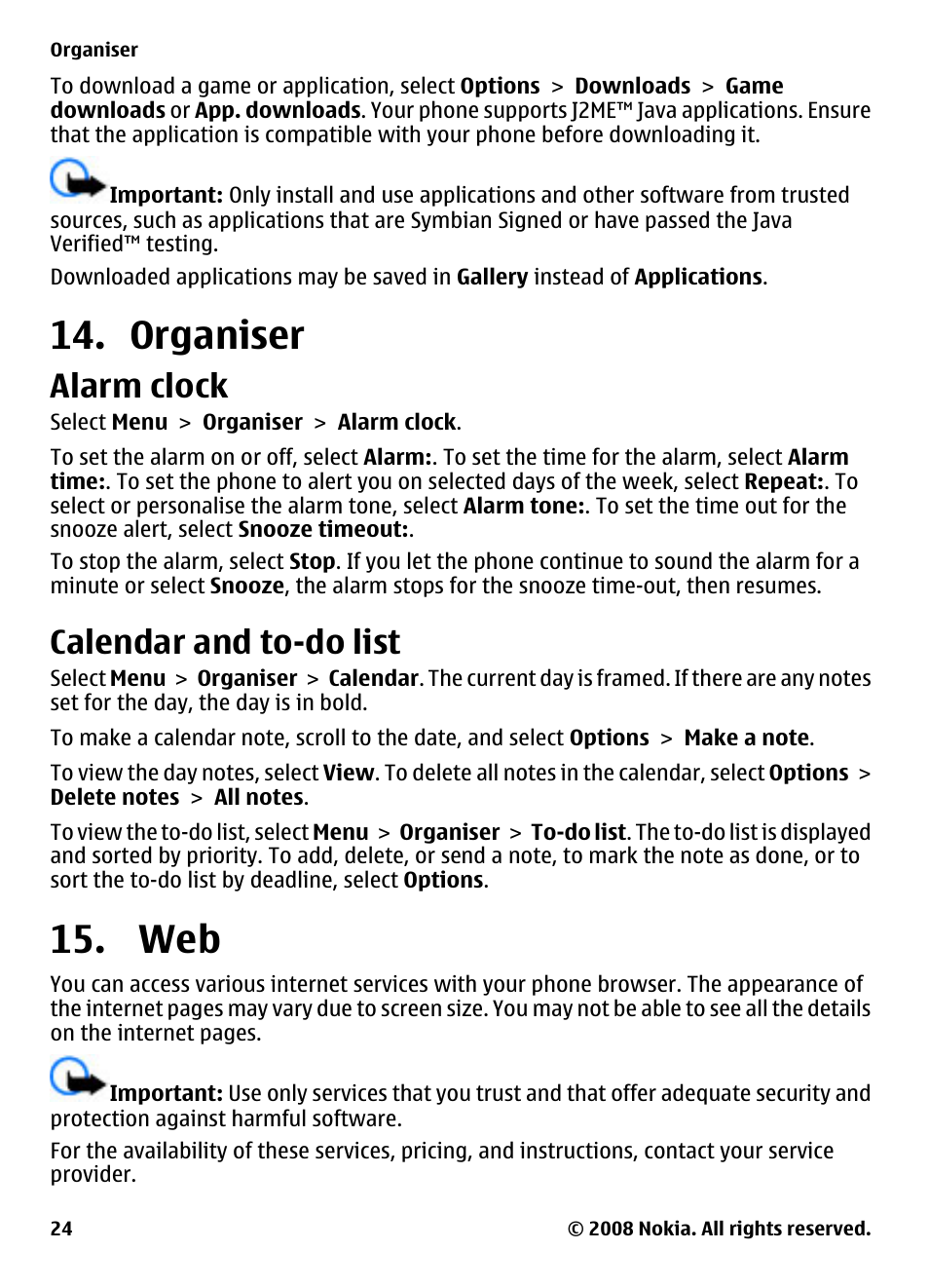 Organiser, Alarm clock, Calendar and to-do list | Nokia 2680 User Manual | Page 24 / 35
