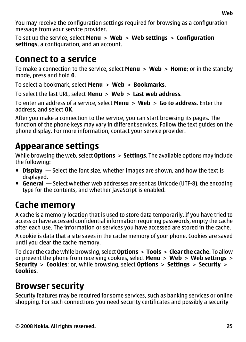 Connect to a service, Appearance settings, Cache memory | Browser security | Nokia 2680 User Manual | Page 25 / 35