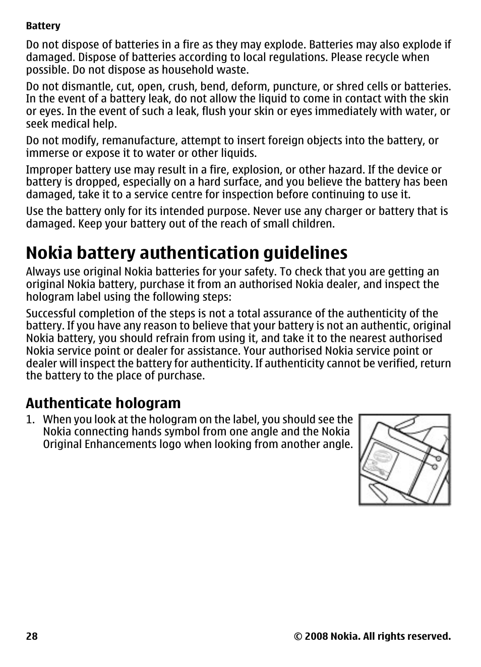 Nokia battery authentication guidelines, Authenticate hologram, Nokia battery authentication | Guidelines | Nokia 2680 User Manual | Page 28 / 35