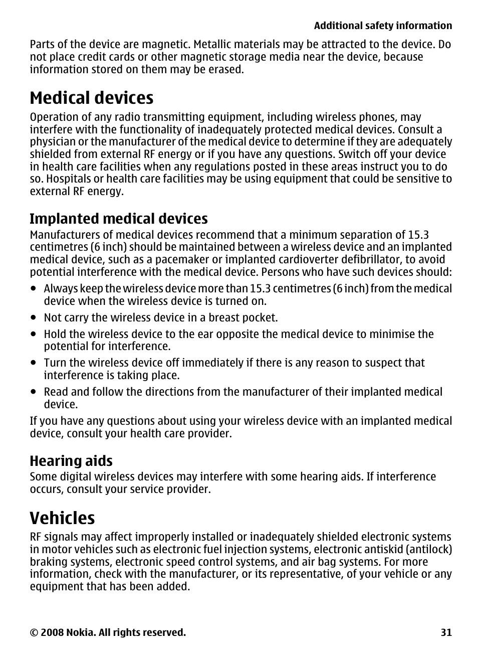 Medical devices, Implanted medical devices, Hearing aids | Vehicles | Nokia 2680 User Manual | Page 31 / 35