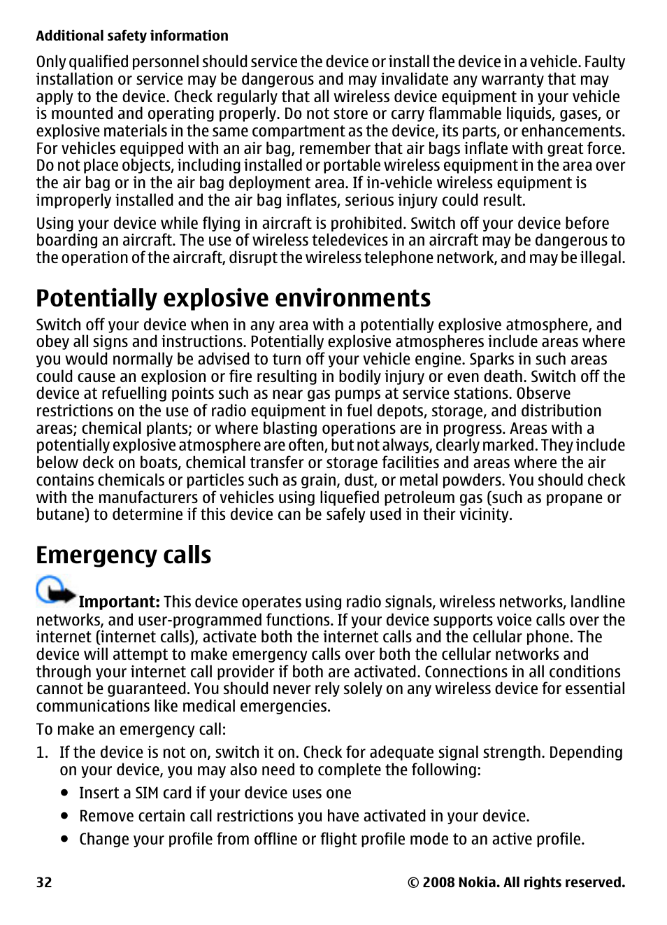 Potentially explosive environments, Emergency calls, Potentially explosive | Environments | Nokia 2680 User Manual | Page 32 / 35