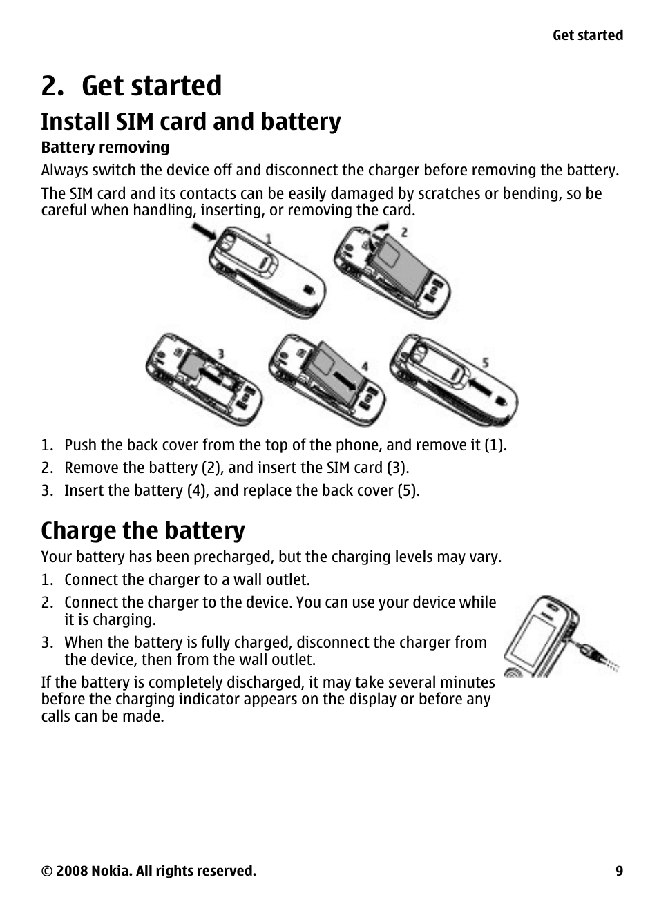 Get started, Install sim card and battery, Charge the battery | Nokia 2680 User Manual | Page 9 / 35