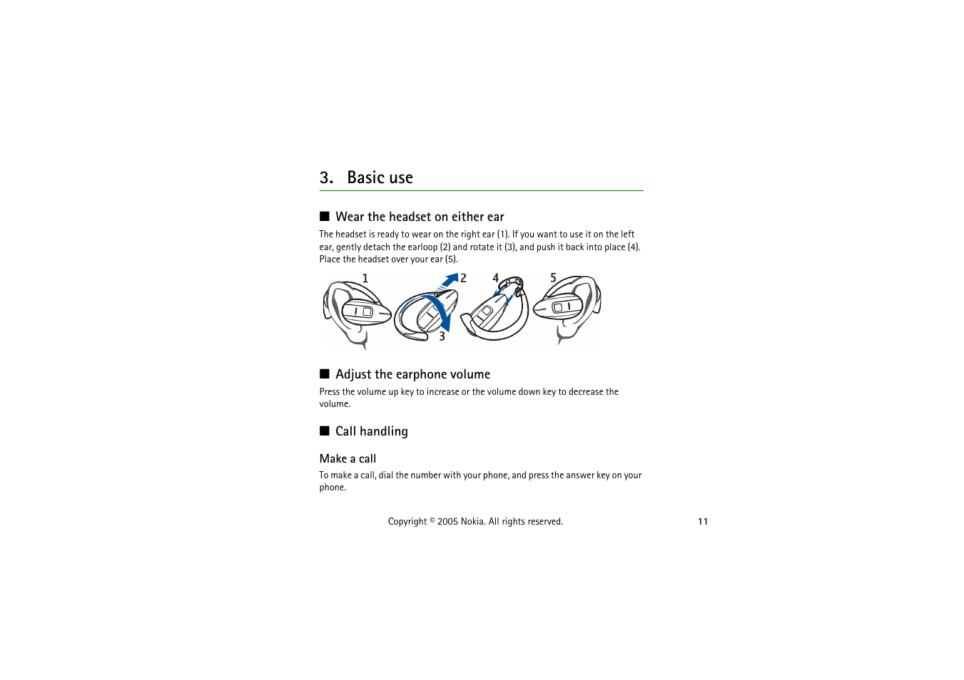 Basic use, Wear the headset on either ear, Adjust the earphone volume | Call handling, Make a call | Nokia HS 54W User Manual | Page 11 / 16