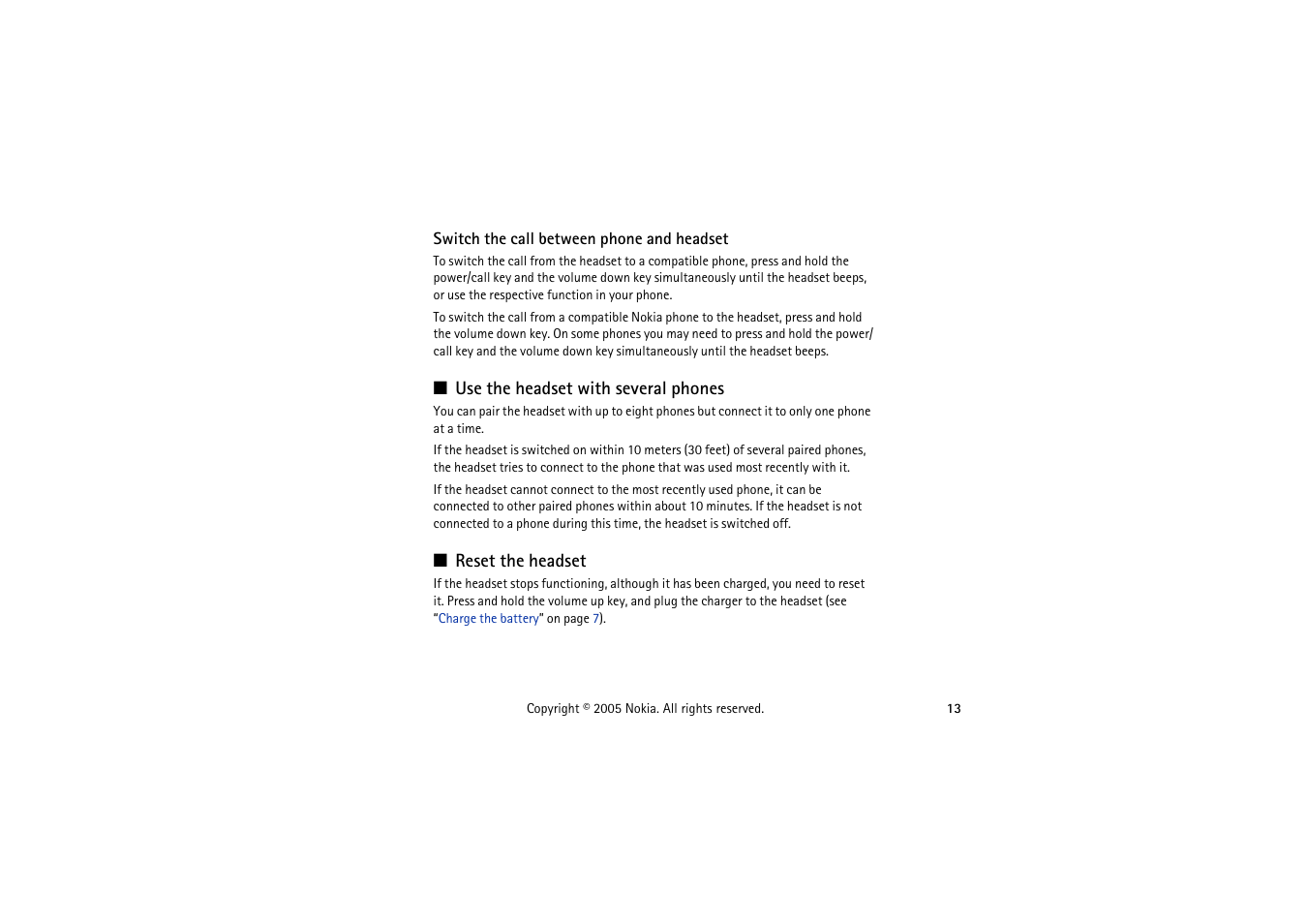 Switch the call between phone and headset, Use the headset with several phones, Reset the headset | Nokia HS 54W User Manual | Page 13 / 16