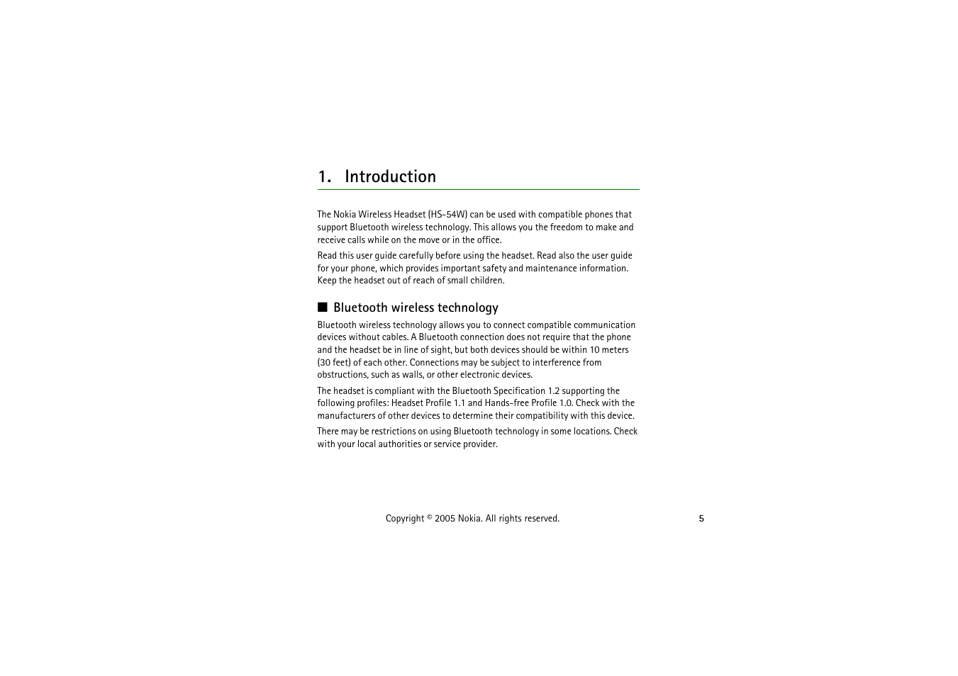 Introduction, Bluetooth wireless technology | Nokia HS 54W User Manual | Page 5 / 16