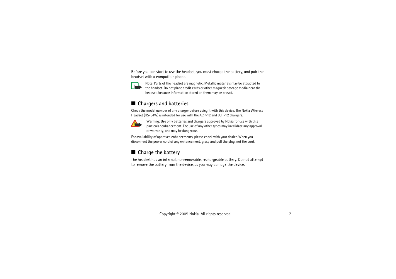 Chargers and batteries, Charge the battery, Chargers and batteries charge the battery | Nokia HS 54W User Manual | Page 7 / 16