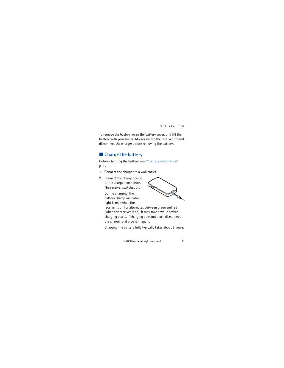 Charge the battery | Nokia Mobile TV Receiver User Manual | Page 11 / 23