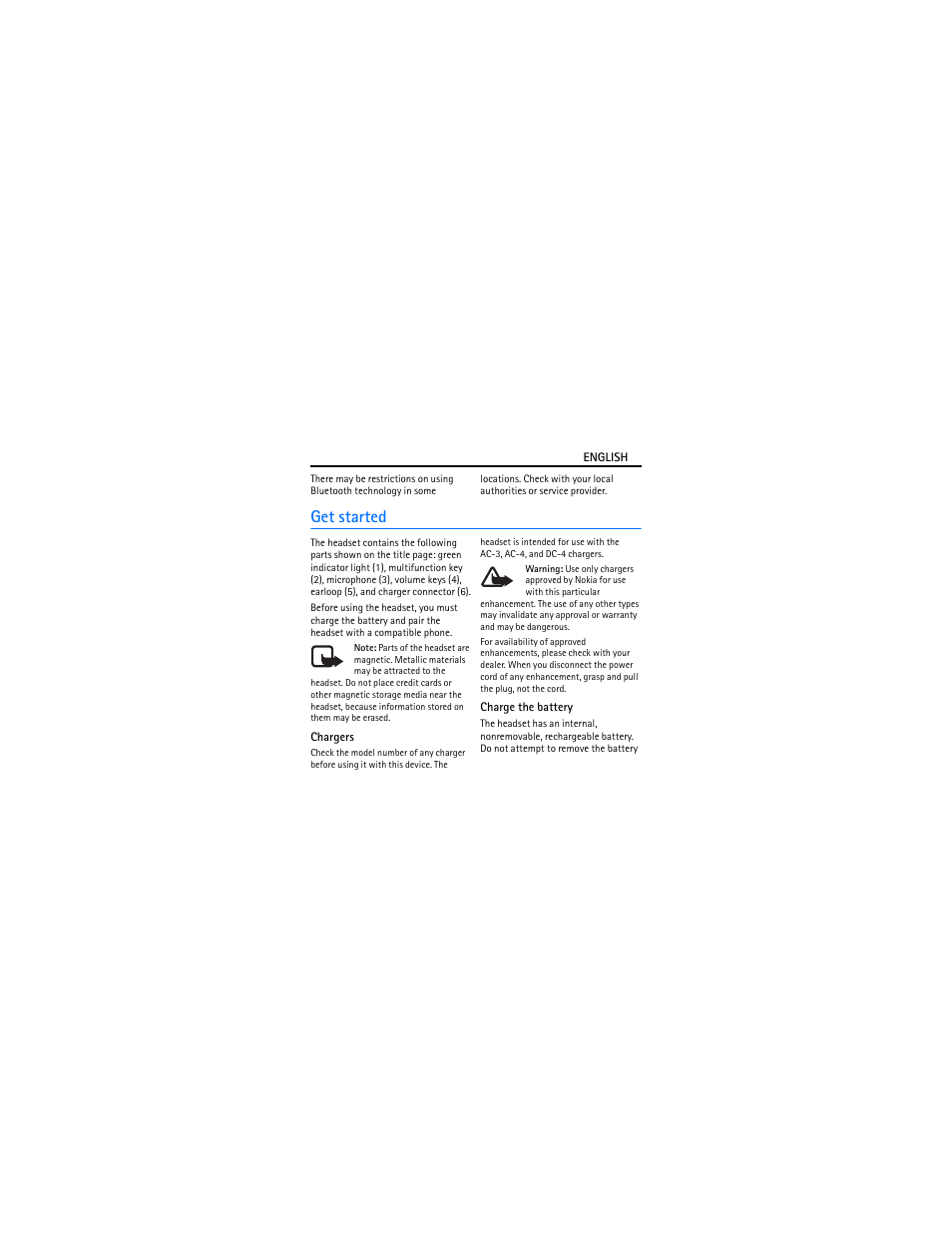 Get started, Chargers, Charge the battery | Nokia BH-207 User Manual | Page 4 / 42