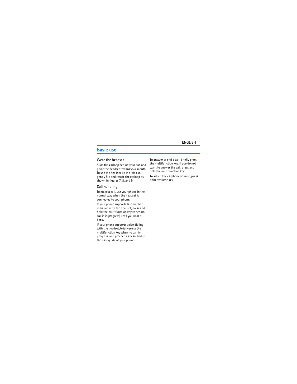 Basic use, Wear the headset, Call handling | Nokia BH-207 User Manual | Page 7 / 42
