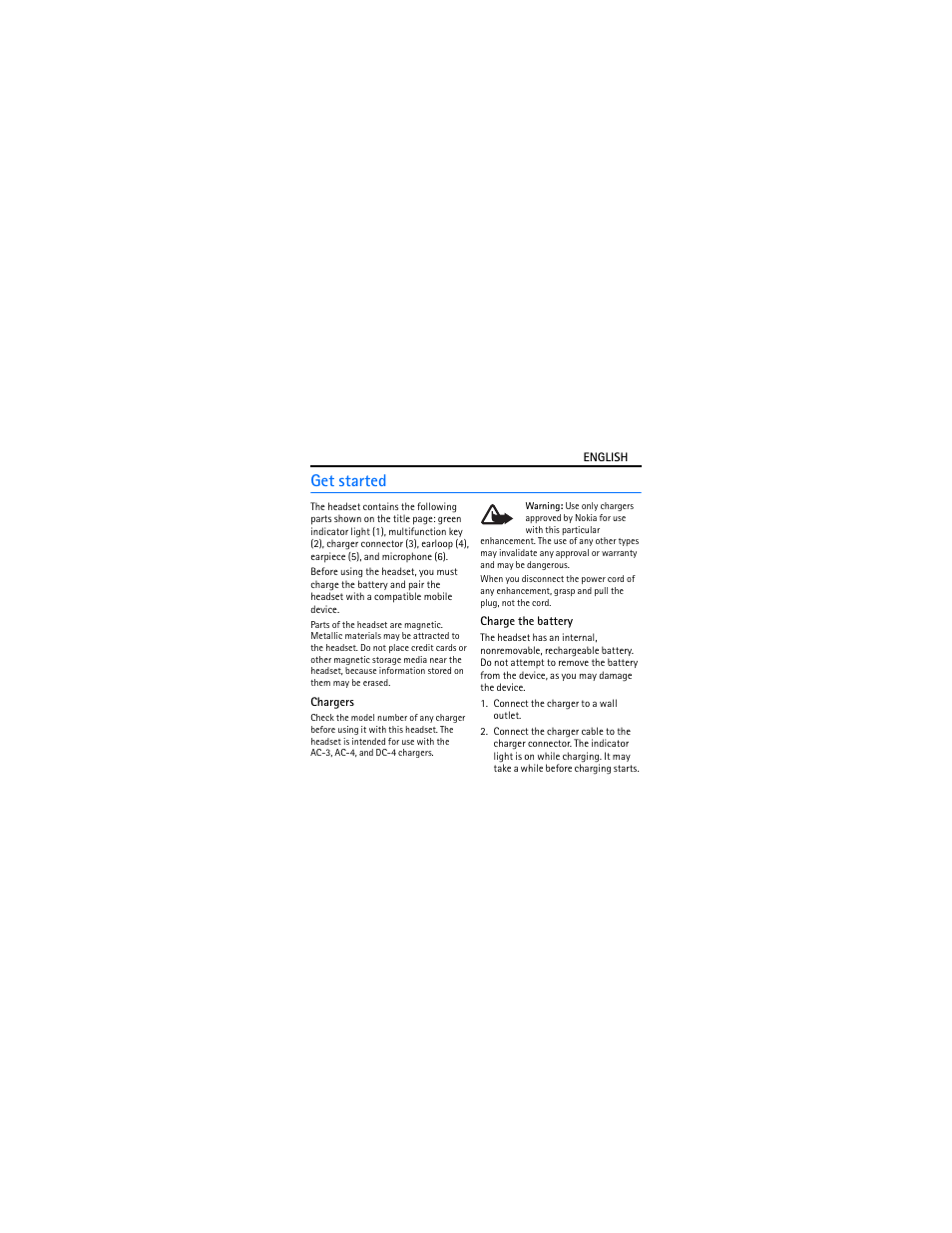 Get started, Chargers, Charge the battery | Nokia BH-209 User Manual | Page 4 / 9