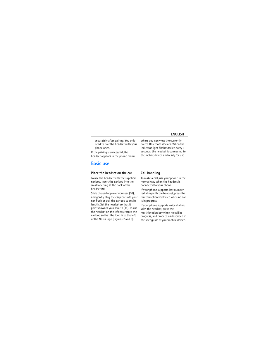Basic use, Place the headset on the ear, Call handling | Nokia BH-209 User Manual | Page 6 / 9