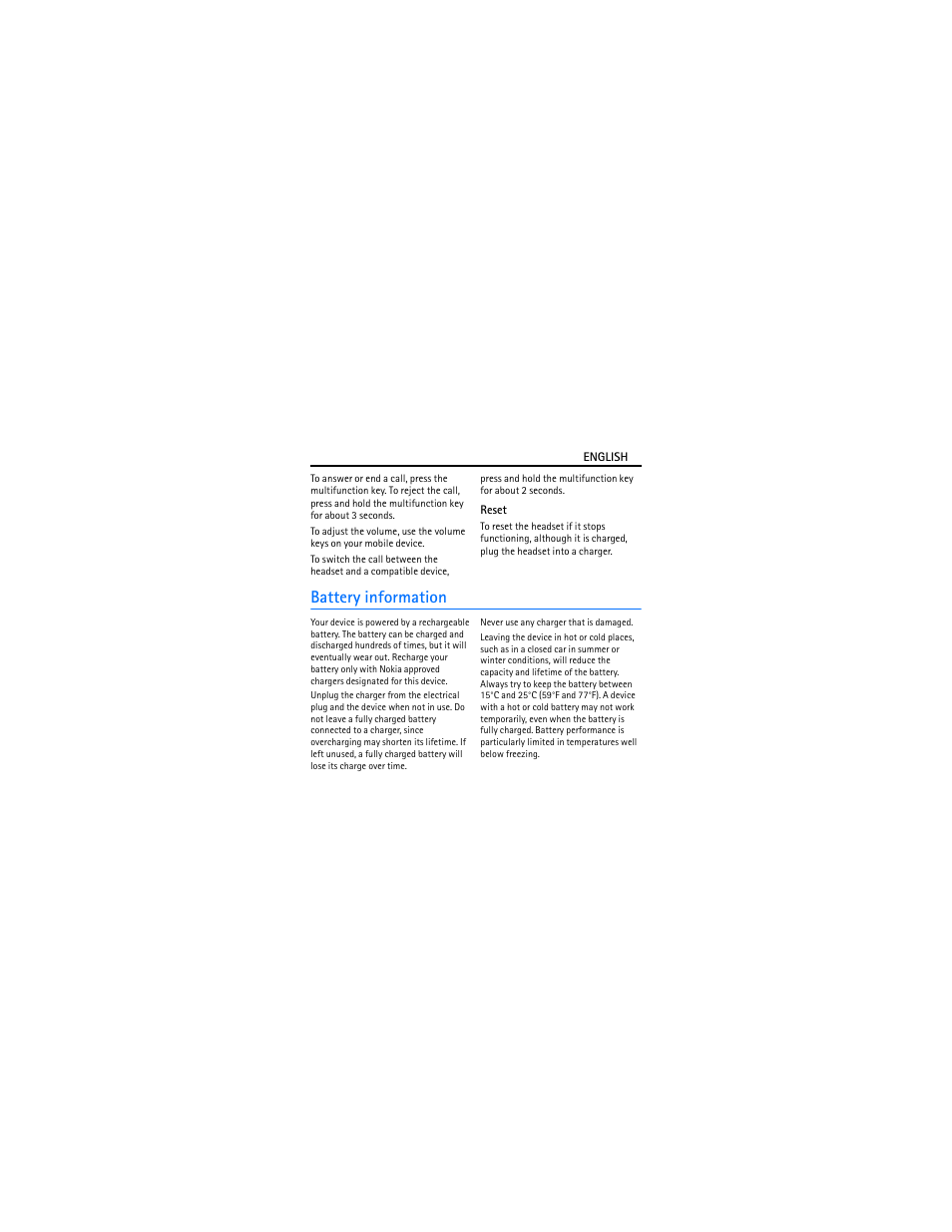 Reset, Battery information | Nokia BH-209 User Manual | Page 7 / 9