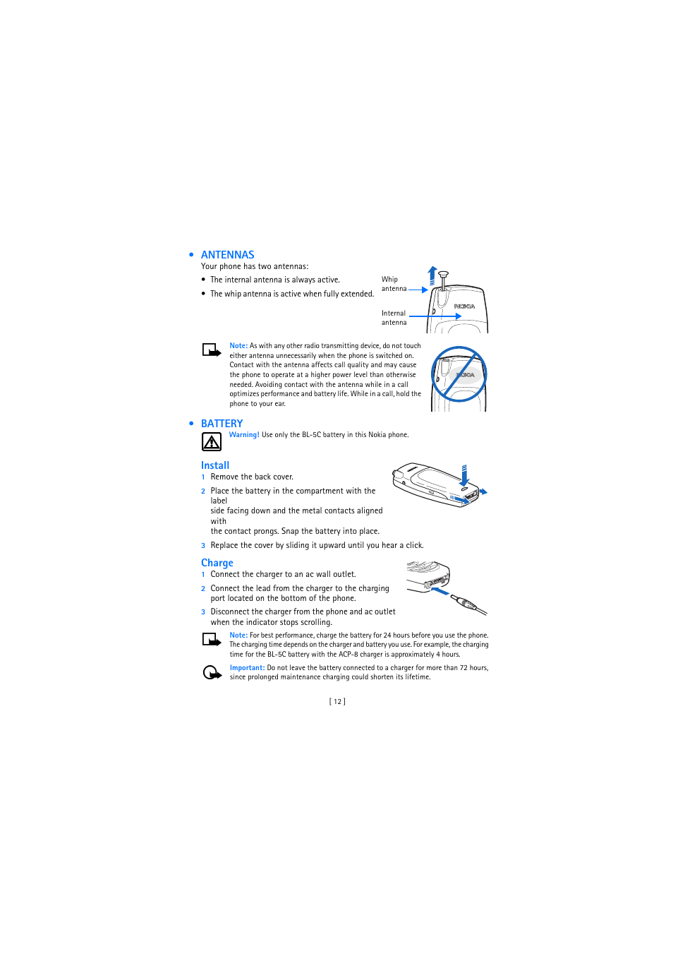 Antennas, Battery | Nokia 2272 User Manual | Page 12 / 94