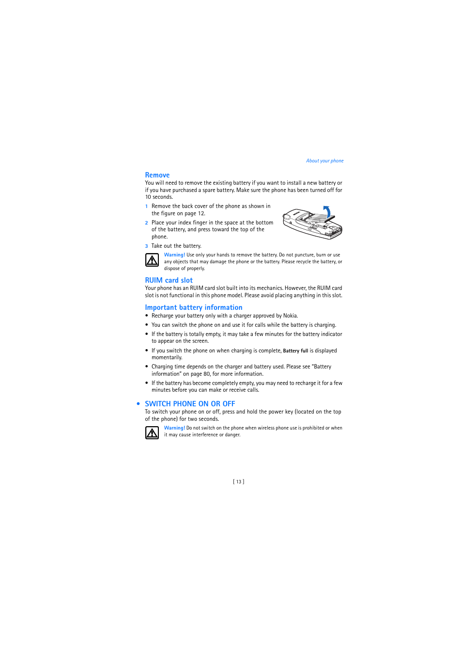 Switch phone on or off | Nokia 2272 User Manual | Page 13 / 94