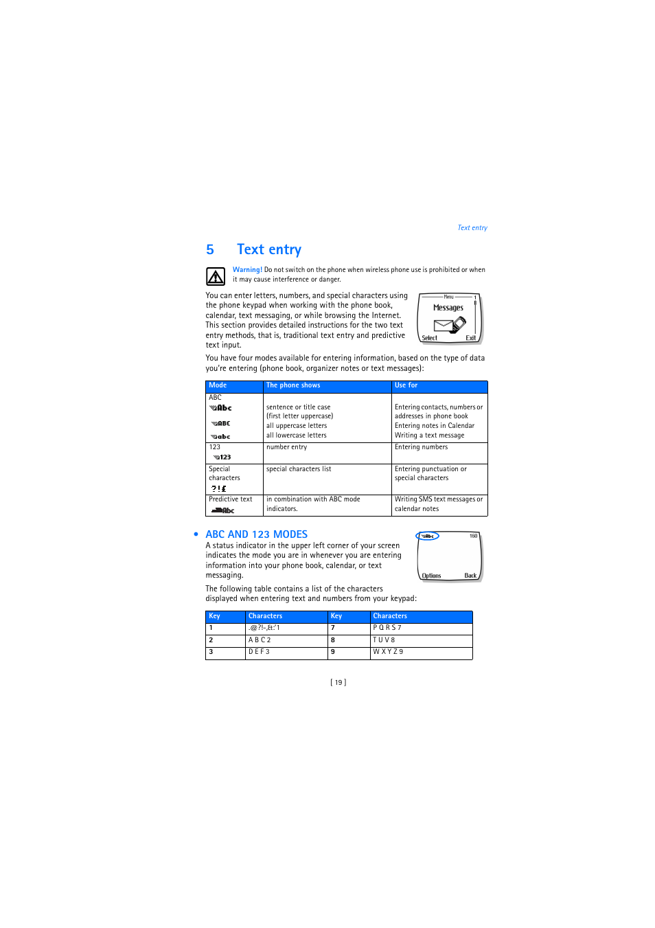 5 text entry, Abc and 123 modes, 5text entry | Nokia 2272 User Manual | Page 19 / 94