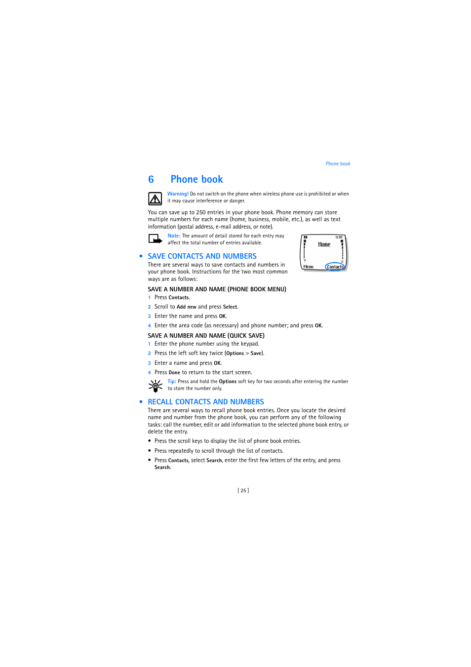 6 phone book, Save contacts and numbers, Recall contacts and numbers | 6phone book | Nokia 2272 User Manual | Page 25 / 94