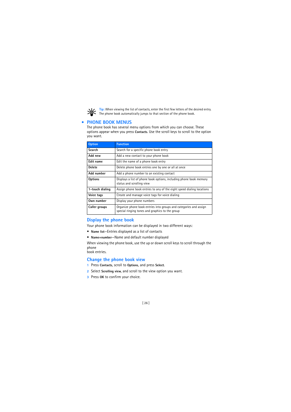 Phone book menus, Display the phone book, Change the phone book view | Nokia 2272 User Manual | Page 26 / 94