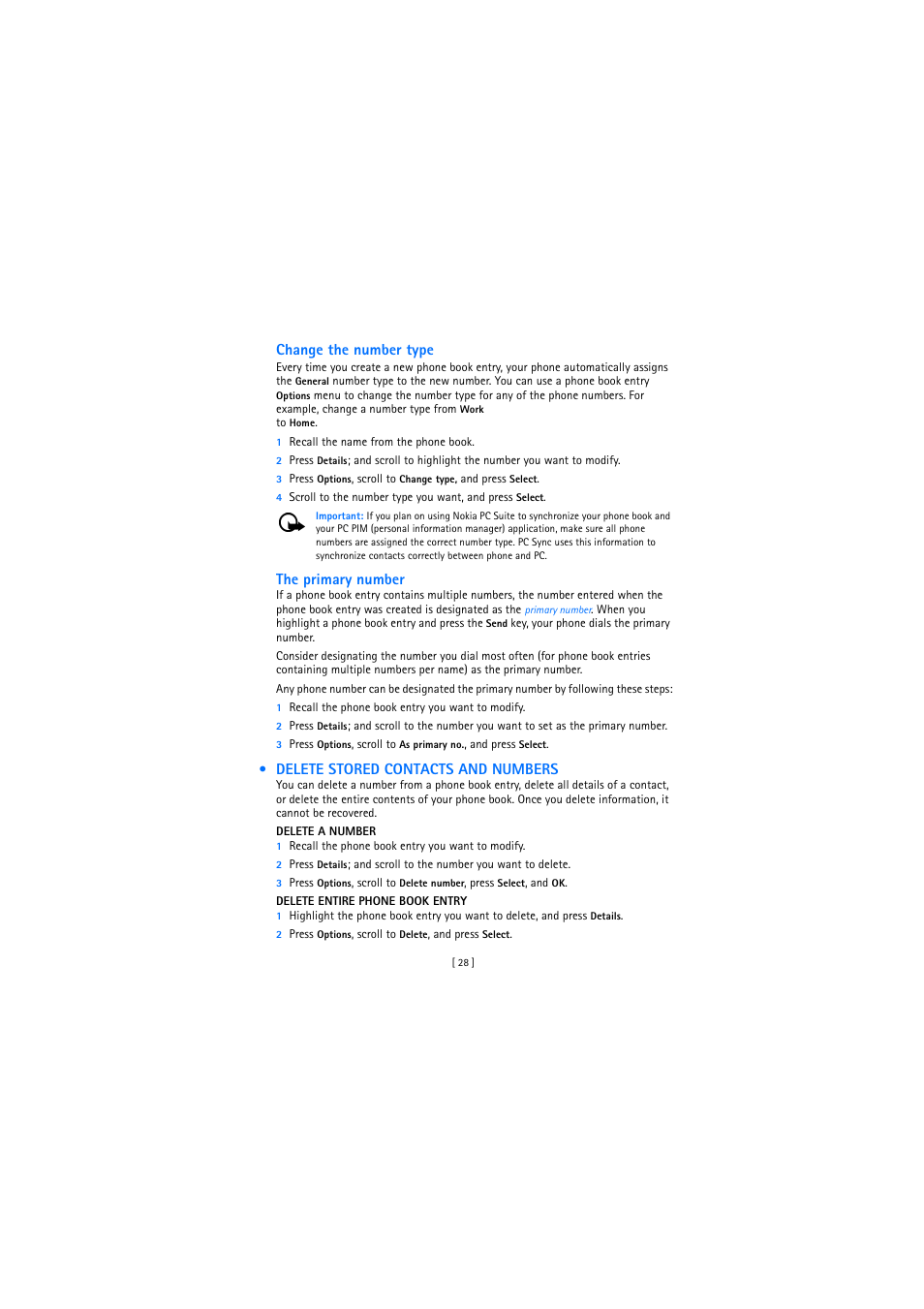 Delete stored contacts and numbers | Nokia 2272 User Manual | Page 28 / 94